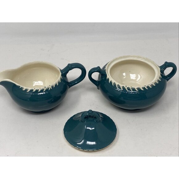 Harker Corinthian Dark Teal Green Sugar  Creamer Gadroon Edge Vintage Harkerware - Picture 3 of 12